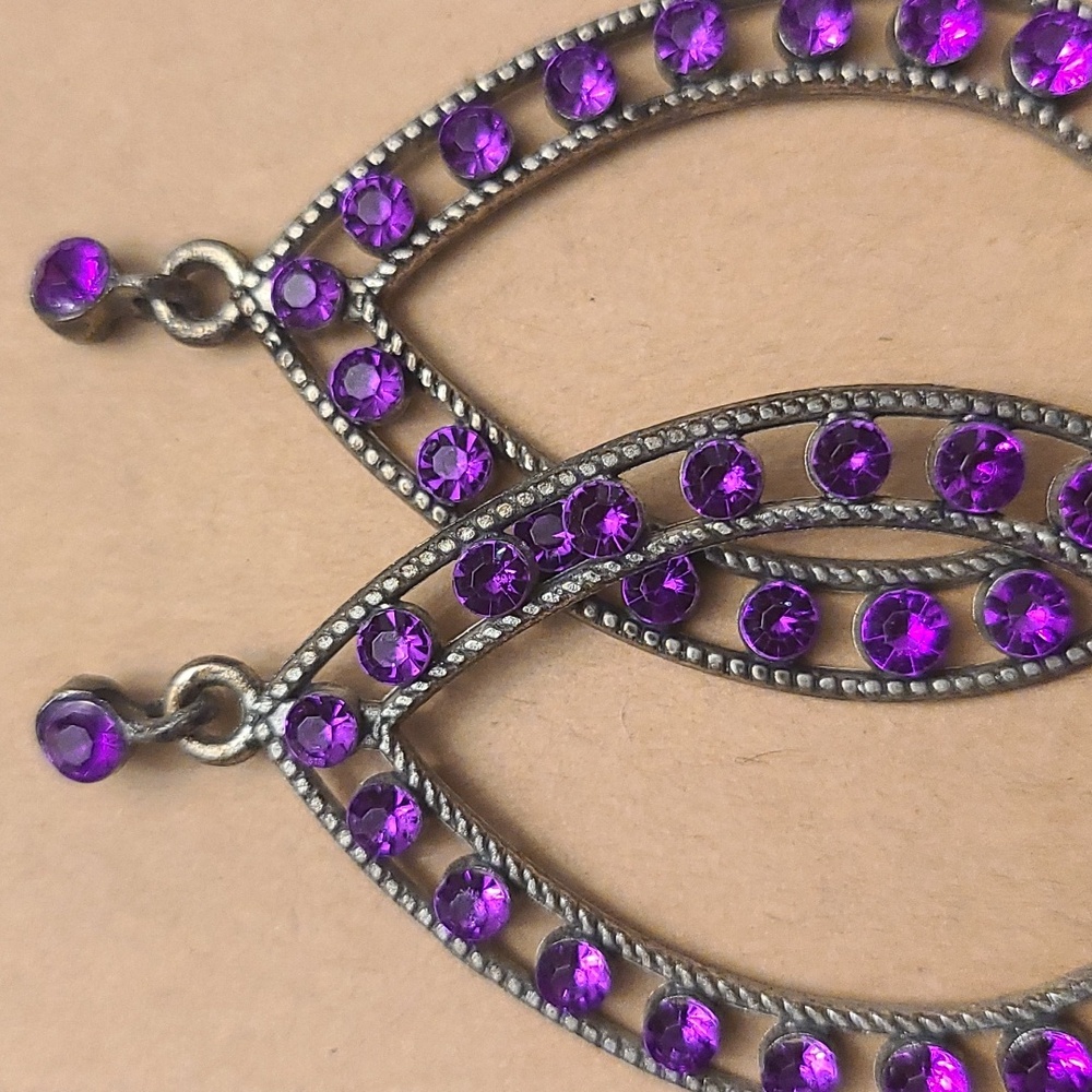 Purple Rhinestone Teardrop Earrings - Picture 3 of 4